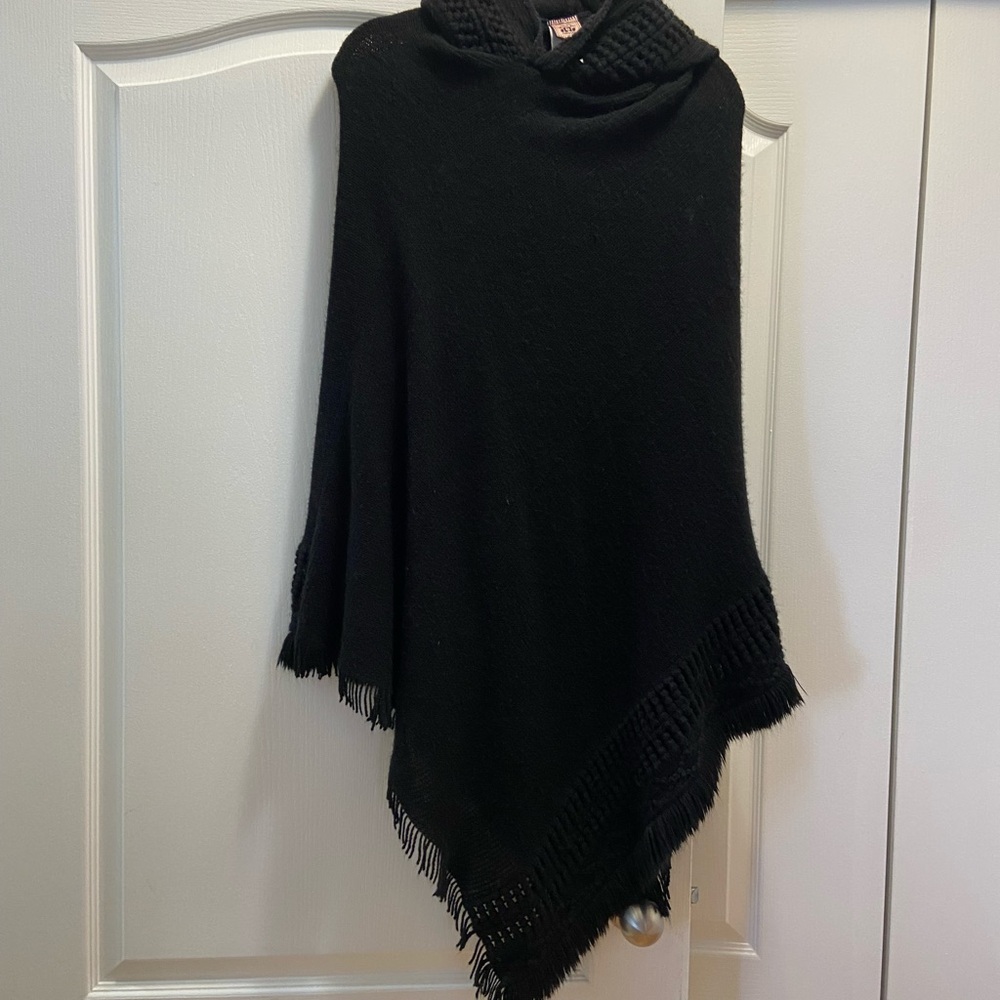 Black Poncho with Fringed Hem